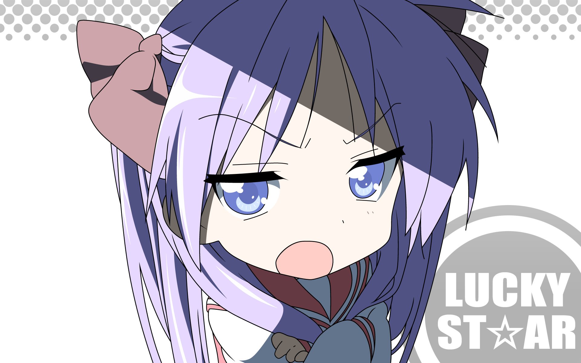 Anime-style Lucky Star chibi girl with purple hair and bow, scowling on a white dotted background — HD PC desktop wallpaper/background.
