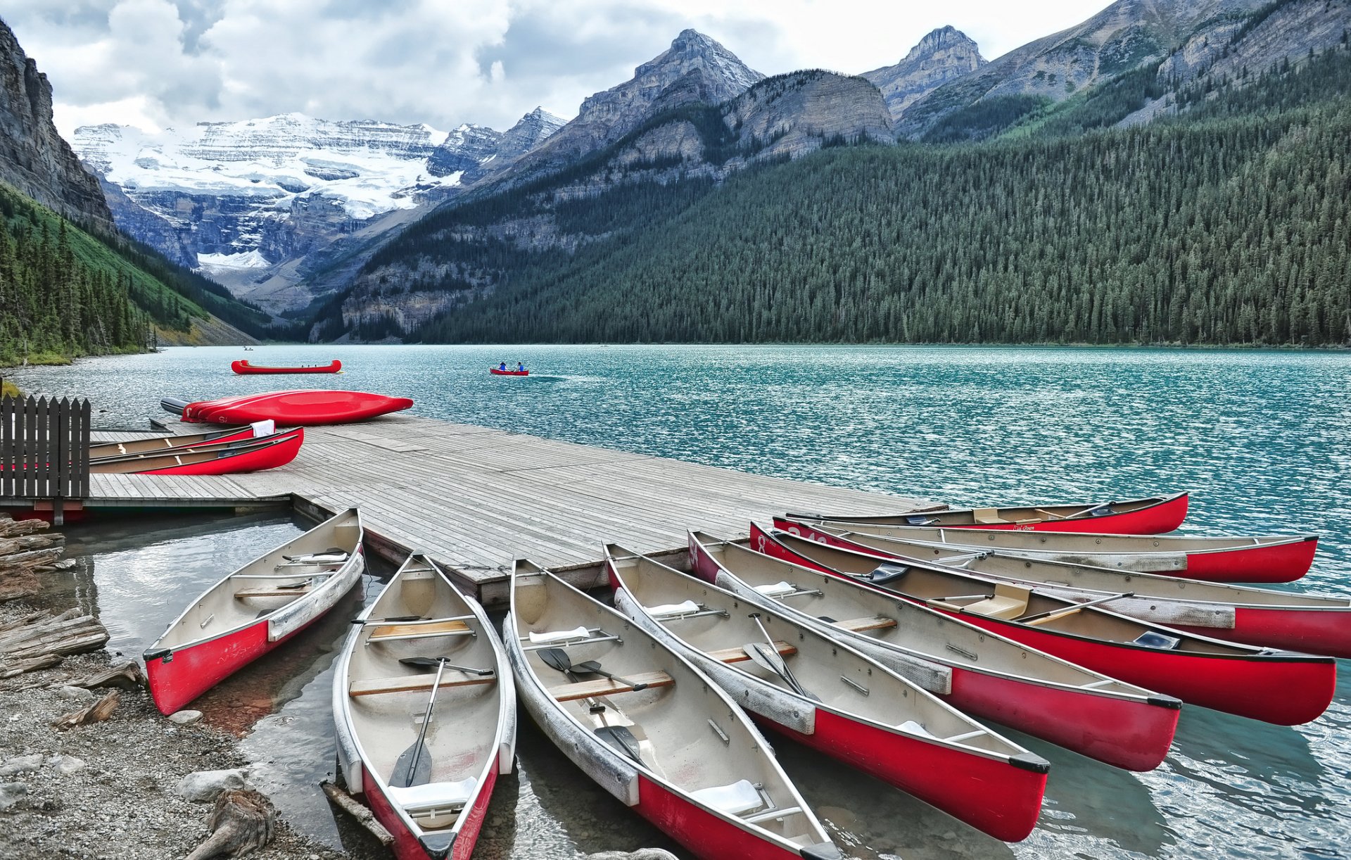Download Lake Louise Alberta Canada Marina Mountain Vehicle Canoe HD Wallpaper