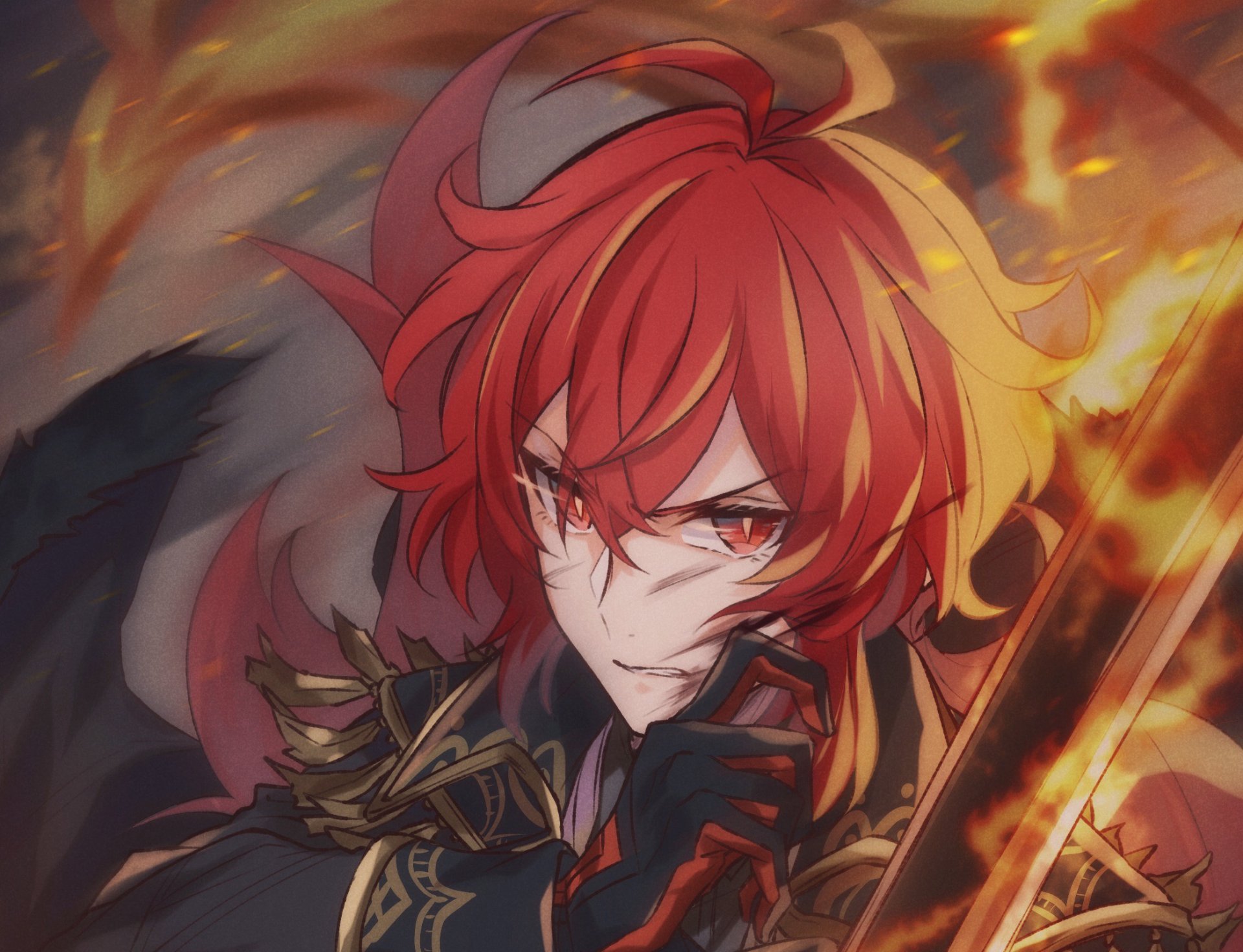 HD PC desktop wallpaper featuring Diluc from the video game Genshin Impact, showcasing his intense expression amid fiery, dynamic flames.