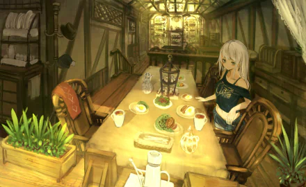 HD anime original artwork featuring a cozy, warmly lit room with a girl sitting at a wooden table set with food and drinks, designed as a PC desktop wallpaper.