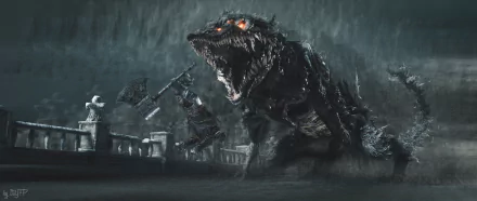 Video game Dark Souls III 2K Quad HD PC desktop wallpaper: roaring abyssal wolf and armored knight clash on a rain-swept stone bridge in a dark, stormy fantasy scene.