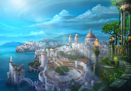 HD PC desktop wallpaper featuring a vibrant, detailed anime cityscape from Wandering Witch: The Journey of Elaina, blending fantasy architecture with a bright blue sky.