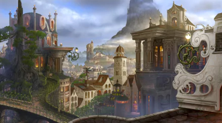HD PC desktop wallpaper from the anime Wandering Witch: The Journey of Elaina, showcasing a detailed cityscape with intricate architecture under a cloudy sky.