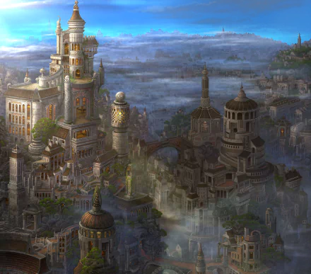 HD PC desktop wallpaper featuring a detailed, atmospheric cityscape from the anime Wandering Witch: The Journey of Elaina.