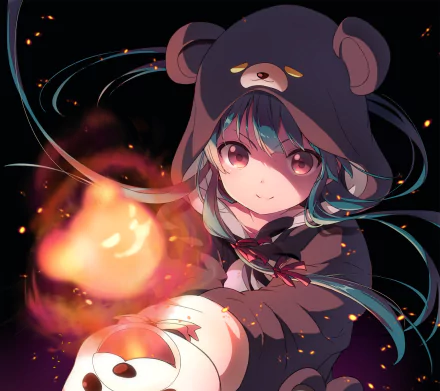 Yuna from Kuma Kuma Kuma Bear anime depicted in vibrant colors, wearing her signature bear hoodie, featured in an HD PC desktop wallpaper and background.