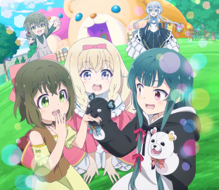 2K Quad HD PC desktop wallpaper/background: Misana Farrengram, Noire Foschurose, Yuna, Shuri and Fina from Kuma Kuma Kuma Bear smiling together in a bright park scene.
