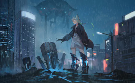 Anime original 4K Ultra HD PC desktop wallpaper and background: cat-eared girl in a rain-soaked cyberpunk city, blue-lit tech ruins and a looming mothership beneath neon skyscrapers.