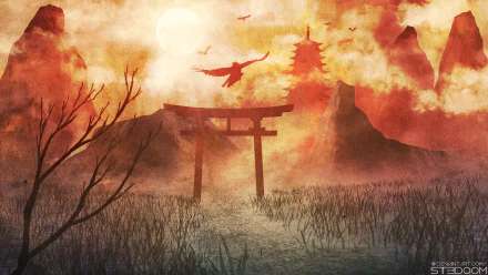 Artistic 4K Ultra HD landscape wallpaper depicting a fiery mountain scene with a torii gate silhouetted against a glowing sky and birds soaring above.