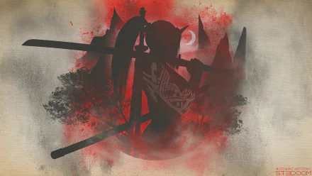 A dramatic 4K Ultra HD fantasy samurai silhouette wielding dual katanas, surrounded by dark, smoky red and gray tones, creating a striking PC desktop wallpaper background.