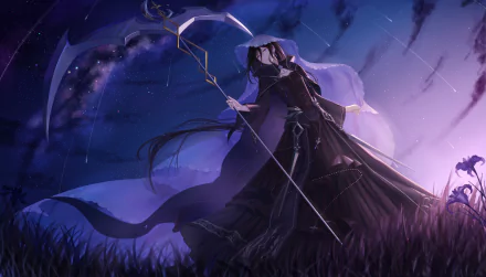 Anime-style original artwork of a mysterious figure in dark robes holding a staff under a night sky, rendered in 4K Ultra HD for PC desktop wallpaper and background.