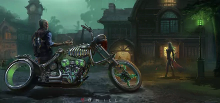 World of Warcraft video game HD PC desktop wallpaper and background: a skeletal, green-glowing motorcycle and rider confront a hooded figure outside a foggy, haunted manor at night.