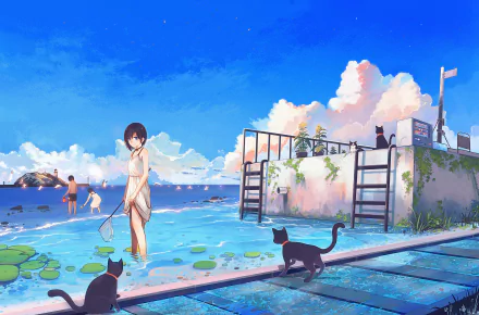 HD anime desktop wallpaper featuring an anime girl standing by the water's edge, surrounded by black cats and a bright, serene coastal scene under a blue sky.