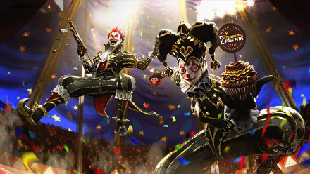 4K Ultra HD PC wallpaper featuring Garena Free Fire characters dressed as sinister clowns in a dramatic, festive circus setting.