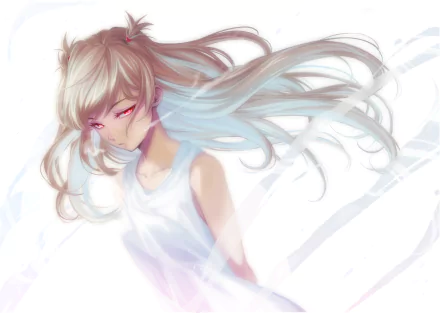 HD desktop wallpaper featuring an anime girl with long blonde hair, red eyes, and a white top, set against a soft background.