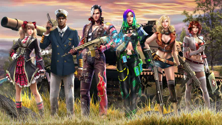 4K Ultra HD PC desktop wallpaper featuring diverse Garena Free Fire characters standing in a grassy field under a vibrant sunset sky.