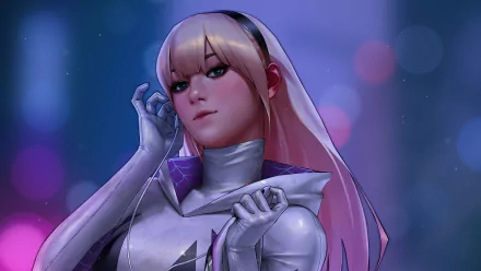 Spider-Gwen, Gwen Stacy in a sleek white and pink costume, depicted in a vibrant 4K Ultra HD comic-style wallpaper with a glowing urban background.