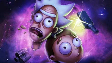 4K Ultra HD desktop wallpaper featuring Morty Smith and Rick Sanchez from the TV show Rick and Morty against a vibrant cosmic background.