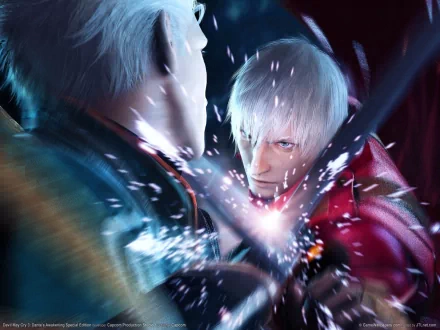 HD wallpaper featuring Dante and Vergil from Devil May Cry 3: Dante's Awakening, engaged in an intense sword clash. The dynamic artwork captures the thrilling essence of the video game.