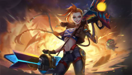 A dynamic 4K Ultra HD wallpaper of Jinx, the woman warrior from League of Legends, wielding her signature weapon with a fiery, explosive background.