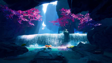 Fantasy HD desktop wallpaper featuring a serene waterfall with vibrant pink and purple trees, and a fox walking in the foreground.