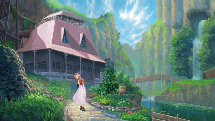 HD PC desktop wallpaper featuring Aerith Gainsborough from Final Fantasy VII Remake standing on a stone path beside a cottage, surrounded by lush greenery and cliffs.