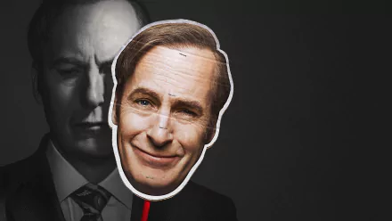 Smiling mask of a TV lawyer held before a shadowed suited figure, referencing Better Call Saul — 4K Ultra HD desktop wallpaper.