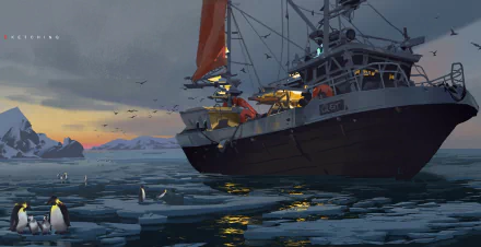 Artistic HD desktop wallpaper showing a ship navigating icy waters with penguins on floating ice under a moody sunset sky.
