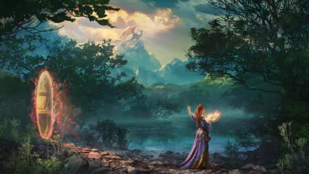 A sorceress summons a glowing portal beside a stone path in a mystical forest, with a majestic dragon soaring above distant mountains in this 4K Ultra HD fantasy wallpaper.