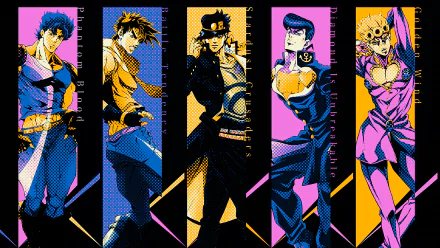 4K Ultra HD PC wallpaper featuring Giorno Giovanna, Josuke Higashikata, Jotaro Kujo, Joseph Joestar, and Jonathan Joestar from JoJo's Bizarre Adventure in vibrant anime style.