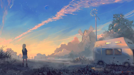 Anime-style 4K Ultra HD wallpaper featuring a serene sky at sunset, a person standing near a bus, and a windmill in the background, blending nature and tranquility.