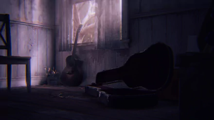 HD PC wallpaper from The Last of Us Part II featuring a dark, moody room with two guitars, one standing by the window and the other in an open case on the floor.