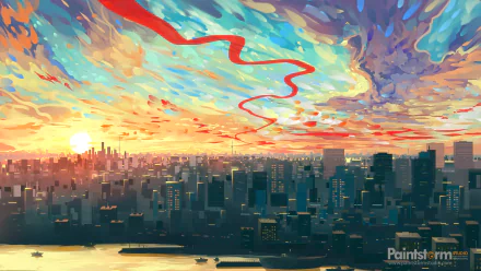 4K Ultra HD artistic cityscape wallpaper featuring a vibrant, colorful sunset over a sprawling urban skyline with dynamic swirling clouds.