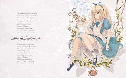 A whimsical anime-inspired depiction of Alice in Wonderland, featuring a serene Alice sitting among flowers, accompanied by elegant text. This HD image serves as a captivating desktop wallpaper.