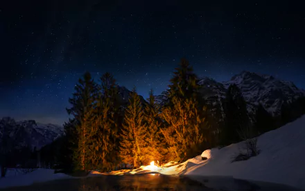A bright bonfire illuminates a snowy winter forest under a starry night sky, captured in an HD nature photography desktop wallpaper.