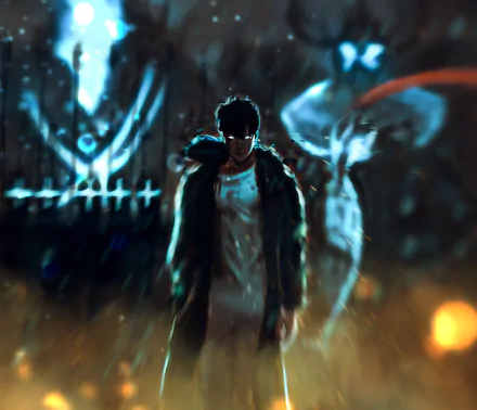 HD PC wallpaper featuring Sung Jin-Woo from Solo Leveling standing with shadows of Iron and Igris anime characters in a dark, intense atmosphere.