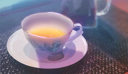 HD anime-style desktop wallpaper featuring a delicate teacup filled with tea on a saucer, with soft lighting highlighting the detailed textures of the food-themed scene.