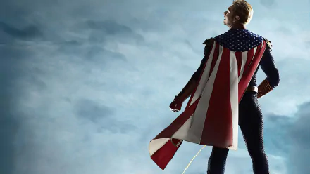 Homelander from The Boys (2019) stands heroically against a cloudy sky in this 4K Ultra HD PC desktop wallpaper and background.