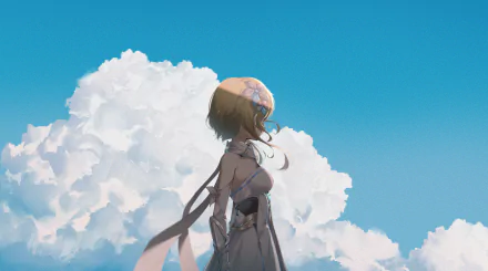 HD wallpaper featuring Lumine from the video game Genshin Impact, standing against a bright blue sky with fluffy white clouds in the background.