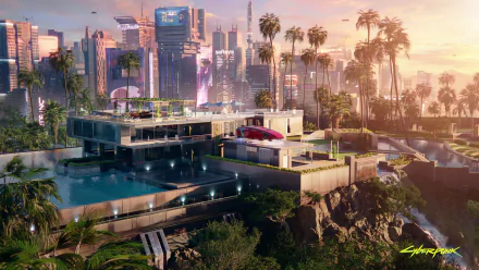 4K Ultra HD Cyberpunk 2077 PC desktop wallpaper featuring a futuristic cityscape with modern architecture, palm trees, and a sunset sky.