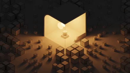 A high-definition CGI artwork featuring a glowing, illuminated cube in a dimly lit scene with numerous smaller cubes scattered around, creating a modern and artistic desktop wallpaper and background.