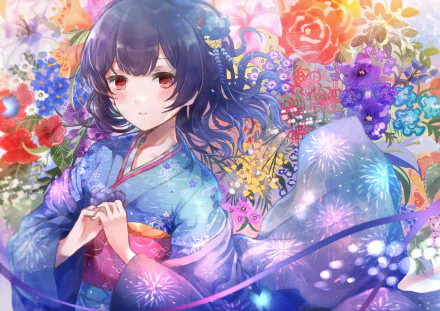 Anime-style HD desktop wallpaper featuring Rinze Morino with blue hair wearing a detailed kimono, surrounded by vibrant flowers and soft glowing effects from The iDOLM@STER: Shiny Colors.