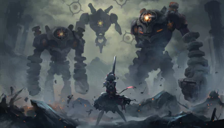 A dramatic HD wallpaper of Noelle from Genshin Impact facing off against a Ruin Hunter and two Ruin Guards, set in a stormy, ruined landscape.