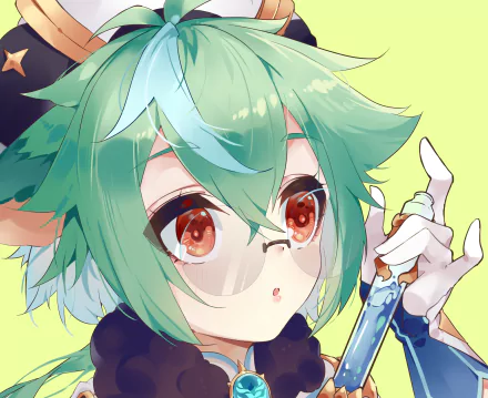 HD desktop wallpaper of Sucrose from Genshin Impact, featuring a close-up of her smiling face with big brown eyes and vibrant green hair.