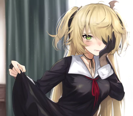HD desktop wallpaper featuring Fischl from Genshin Impact. The character holds onto her outfit, with a mysterious gaze and an elaborate hairstyle, against a subtle background.