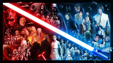 HD PC desktop wallpaper featuring iconic characters and lightsabers from the Star Wars movie saga in a dynamic, colorful composition.