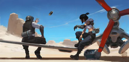 HD Sci-Fi anime desktop wallpaper featuring two friends in futuristic outfits relaxing on an aircraft wing in a desert landscape under a clear blue sky.