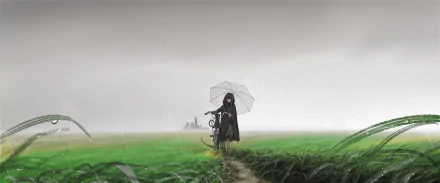 HD anime desktop wallpaper featuring a girl holding a transparent umbrella with a black cat on a rainy day, set against a misty green field background.