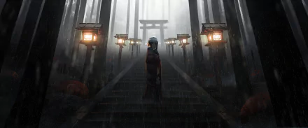 Foggy anime forest scene from The iDOLM@STER: Shiny Colors with a character standing on rain-soaked stairs beneath glowing lanterns and a distant torii gate.