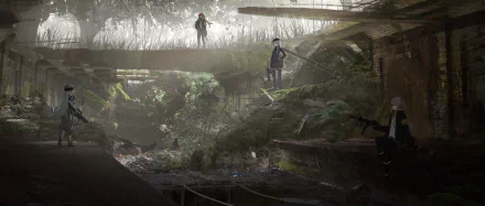 4K Ultra HD wallpaper featuring Girls Frontline characters UMP9, UMP45, HK416, and G11 armed and positioned in a dim, overgrown underground setting.