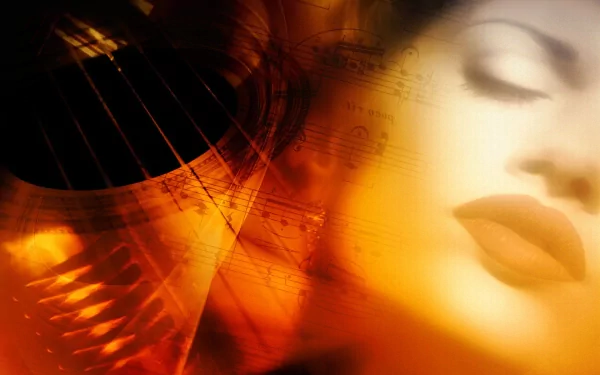 A dreamy, artistic HD wallpaper featuring a woman with closed eyes, harmoniously blending musical notes and warm colors for a soothing ambiance.